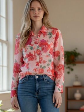 Guess Floral Sheer Button-Down Shirt in Pink and Red